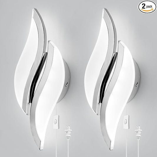CANEOE Plug in Wall Sconces Set of Two 6000K Chrome Modern LED Wall Light Fixtures Acrylic Wall Sconce Lighting for Living Room Bedroom Bedside Bathroom Hallway Stairway Wall Lamp