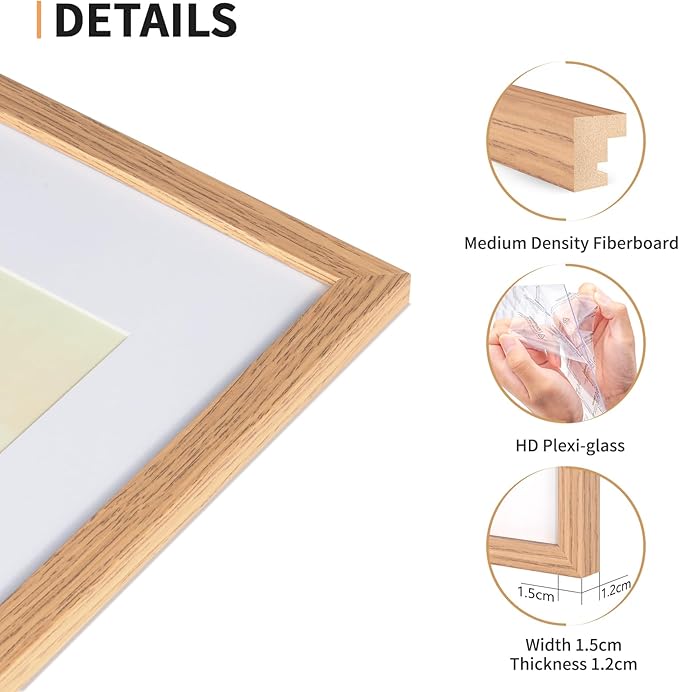 5x7 Picture Frame Set of 4, Displays 4x6 with Mat or 5x7 Without Mat, Photo Frames for Wall Hanging or Tabletop, Includes HD Plexiglass, Light Wood Grain