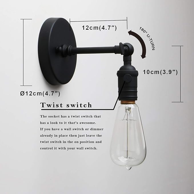 PERMO Vintage Industrial Pole Wall Mount Mini Single Sconce Metal Wall Sconces Fixture (Matte Black)