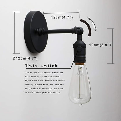 PERMO Vintage Industrial Pole Wall Mount Mini Single Sconce Metal Wall Sconces Fixture (Matte Black)