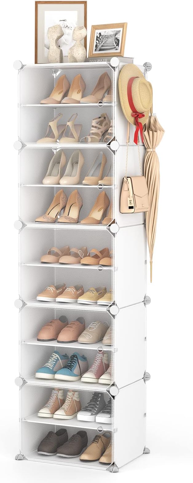 10 Tier Shoe Storage Cabinet with Door, Portable Narrow Organizer Rack for 20 Pairs, White Plastic with Hooks for Entryway or Bedroom