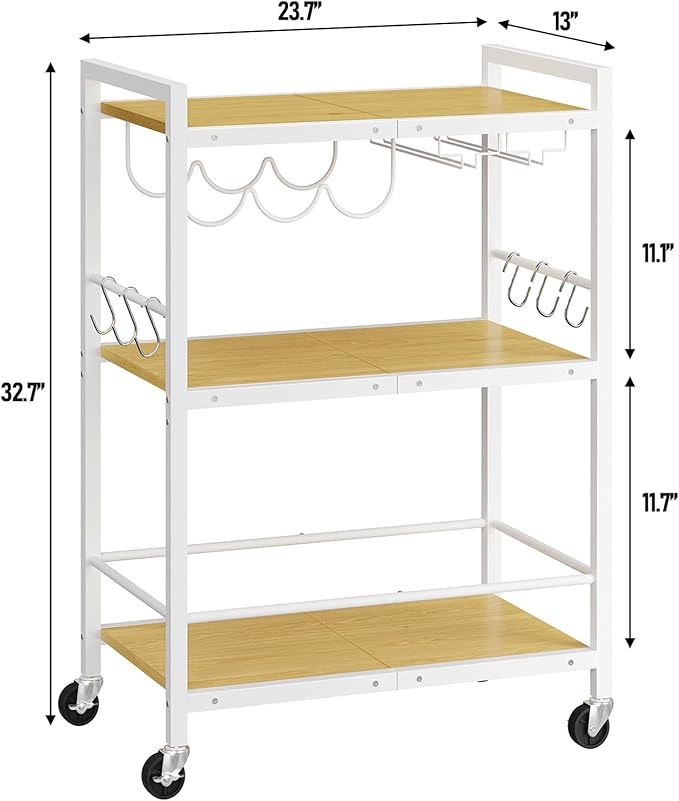 TUTOTAK Bar Cart, Serving Cart for Home, Microwave Cart, Drink Cart, Mobile Kitchen Shelf with Wine Rack and Glass Holder, Rolling Beverage Cart BC01BOW030