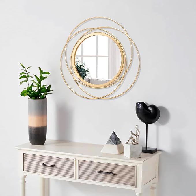 Gold Art Large Round Mirror with Iron Metal Wire Frame Wall-Mounted Mirror for Home Decor Living Room Bedroom Bathroom Entryway 16