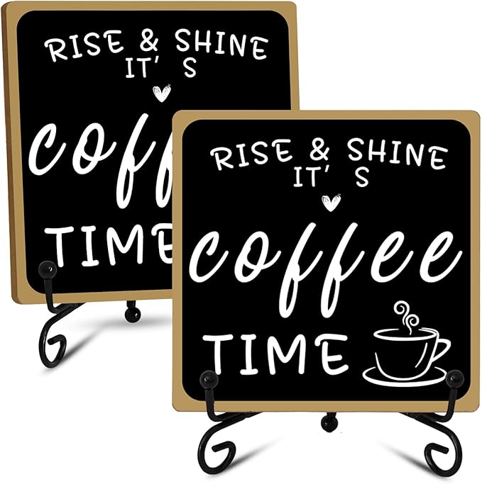 2Pcs Coffee Bar Sign Decorations, Black and White Coffee Sign Decor with Iron Stand Wooden Coffee Bar Decor Tabletop Shelf Accessories, Coffee Decorations for Coffee Bar Coffee Station Home Farmhouse