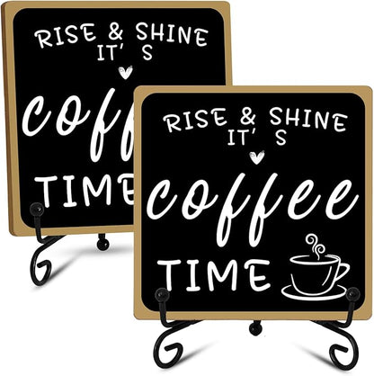 2Pcs Coffee Bar Sign Decorations, Black and White Coffee Sign Decor with Iron Stand Wooden Coffee Bar Decor Tabletop Shelf Accessories, Coffee Decorations for Coffee Bar Coffee Station Home Farmhouse