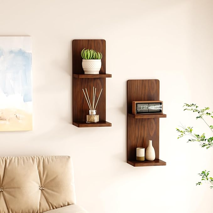 2-Tier Walnut Floating Wall Shelf of 2, 20x8x6 Wall-Mounted Wooden Beside Shelf/Nightstand for Home Décor, Plants, Cosmetics, Bathroom, Kitchen, Bedroom Storage