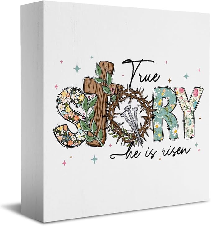 He Is Risen Sign Easter Religious Decorations Christian Easter Decor Spring Decor Wooden Box Sign for Home Office Bedroom Living Room Desk Shelves