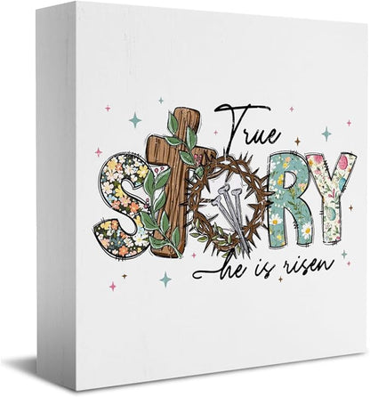 He Is Risen Sign Easter Religious Decorations Christian Easter Decor Spring Decor Wooden Box Sign for Home Office Bedroom Living Room Desk Shelves