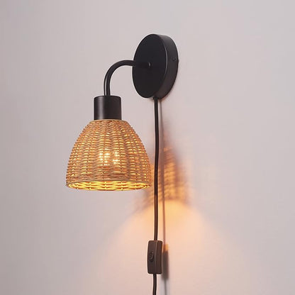 Globe Electric 65933 1-Light Plug-in or Hardwire Wall Sconce, Matte Black, Rattan Shade, 6ft Black Braided Fabric Designer Cord, in-Line On/Off Rocker Switch