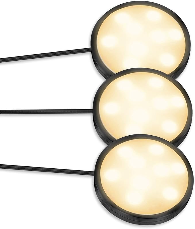 YGS-Tech LED Puck Lights, Under Cabinet Lighting Black Trim, 3000K Warm White, CRI90+, Touch Dimming, All Accessories Included, Under Counter Lighting for Kitchen, Closet Lights, Safe Light, 3-Pack