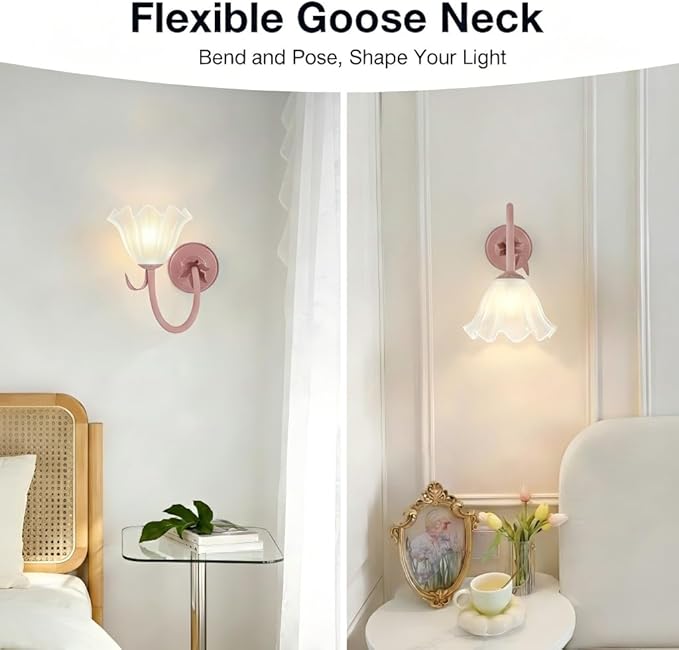 Battery Operated Cordless Flower Wall Sconce Set of 2 (Pink), Stepless Dimming Magnetic Wireless Wall Lamp, 5200mAh Rechargeable Battery, for Living Room Bedroom Hallway Corridor