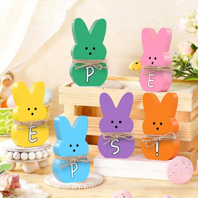 DIYDEC Easter Decorations for Home 6 Pcs Easter Bunny Table Decor Wooden Rabbit Table Signs with Jute Rope Freestanding Rabbit Decoration for Tiered Tray Mantel Shelf Office Easter Party Supplies