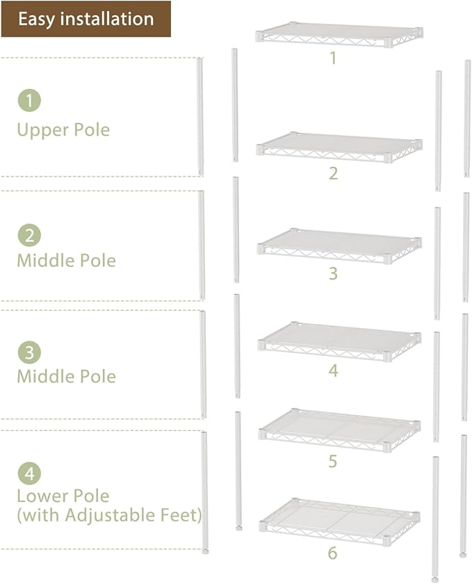 SINGAYE 6 Shelves Storage Shelf Wire Closet Bathroom Organizers Metal Pantry Kitchen Small Garage Shelving Unit Laundry Room Organization Home Corner Rack Estantes para Cocina White 10