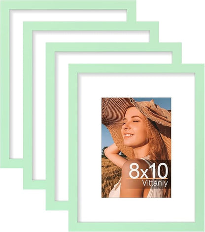 Vittanly 8x10 Picture Frames Set of 4, Display Pictures 5x7 with Mat or 8x10 without Mat, Gallery Wall Frame Set for Wall or Tabletop, Engineered Wood with Shatter Resistant Plexiglass, Light Green