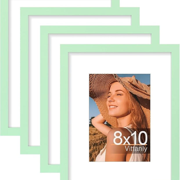 Vittanly 8x10 Picture Frames Set of 4, Display Pictures 5x7 with Mat or 8x10 without Mat, Gallery Wall Frame Set for Wall or Tabletop, Engineered Wood with Shatter Resistant Plexiglass, Light Green