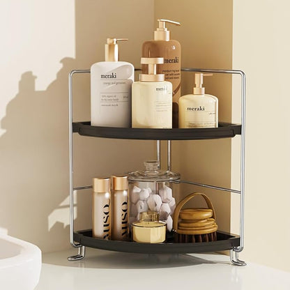 2-Tier Bathroom Organizer Countertop Corner - Makeup Organizer Cosmetic Perfume Holder Bedroom Storage Shelf or Kitchen Spice Rack (Chrome + Black)
