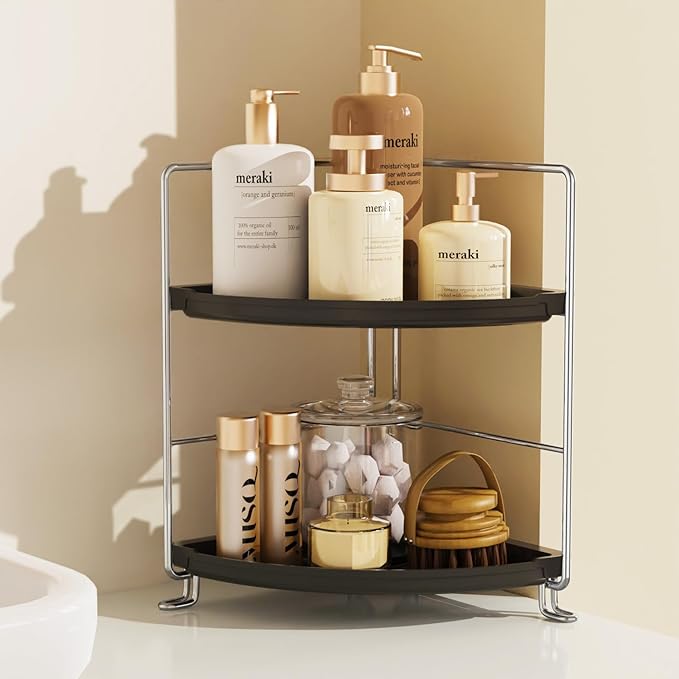 2-Tier Bathroom Organizer Countertop Corner - Makeup Organizer Cosmetic Perfume Holder Bedroom Storage Shelf or Kitchen Spice Rack (Chrome + Black)