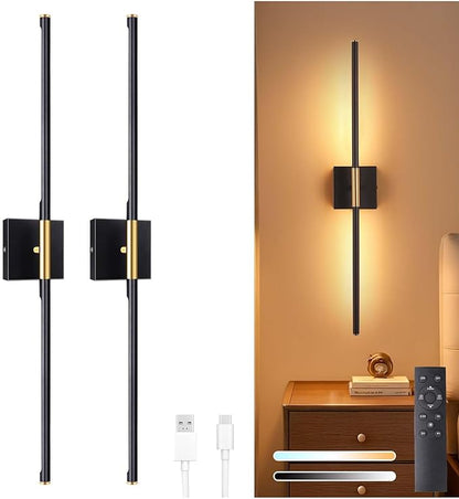 Battery Operated Wall Sconce Set of 2, 10400mAh Wireless Wall Sconces, 3000K-6000K Dimmable, 350°Rotate, Indoor Wall Lights with Remote for Bedroom Living Room Bathroom, Black Gold, 31.5 Inch