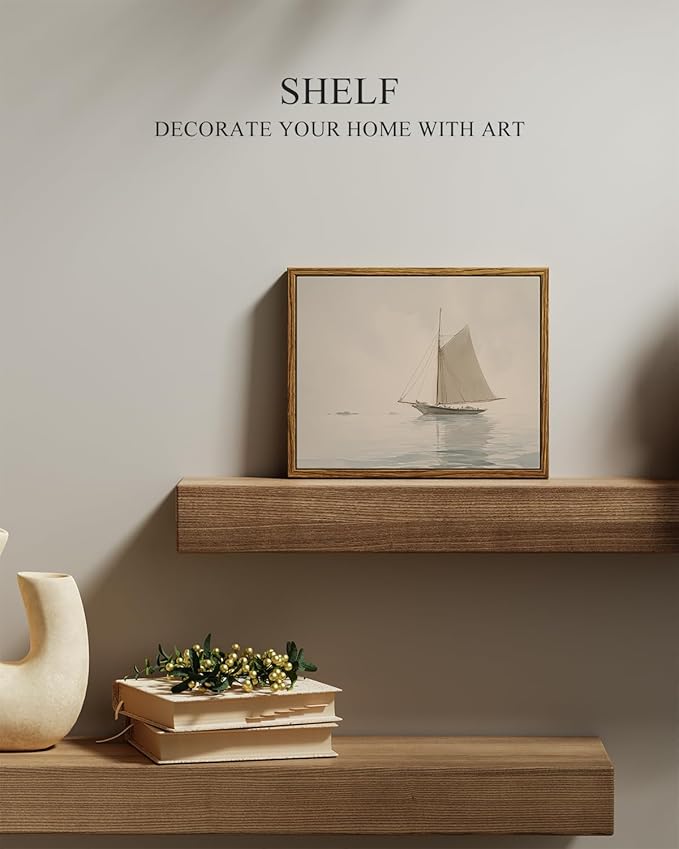InSimSea Framed Canvas Print Art, Vintage Nautical Sailboat Landscape Painting, Rustic Farmhouse Cottage Decor for Hallway Wall Floating Shelf Desk Vanity Fireplace,10x8in, Neutral Tones