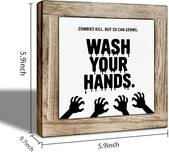 Funny Halloween Decors for Bathroom, Zombies Sign, Funny Remind Signs for Restroom Decor, Farmhouse Home Decor, Shelf Decoration, Washroom Decors, Wash Your Hands Sign 5.9x5.9 inches