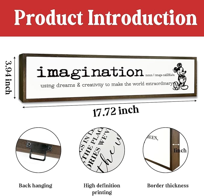Inspirational Wood Sign, Desk Decor Signs, Farmhouse Decor for Table Shelf, Motivational Wall Decoration for Home Bedroom Office Classroom, Hanging Framed Wood Signs, Imagination Signs