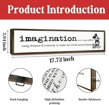 Inspirational Wood Sign, Desk Decor Signs, Farmhouse Decor for Table Shelf, Motivational Wall Decoration for Home Bedroom Office Classroom, Hanging Framed Wood Signs, Imagination Signs