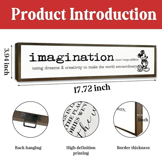 Inspirational Wood Sign, Desk Decor Signs, Farmhouse Decor for Table Shelf, Motivational Wall Decoration for Home Bedroom Office Classroom, Hanging Framed Wood Signs, Imagination Signs