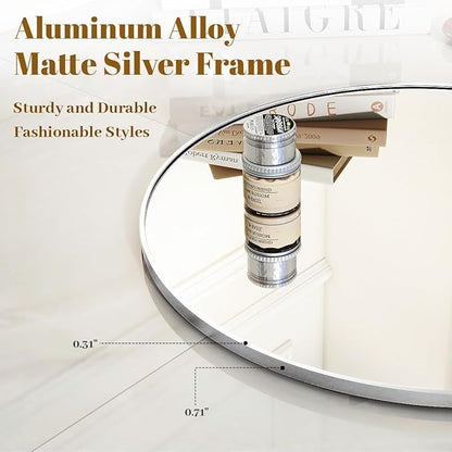 VooBang Silver Round Bathroom Mirror, 30 inch Circle Wall Mounted Hanging Mirror with Simple Modern Circular Metal Frame for Hallway, Entryway, Living Room, Silver Frame