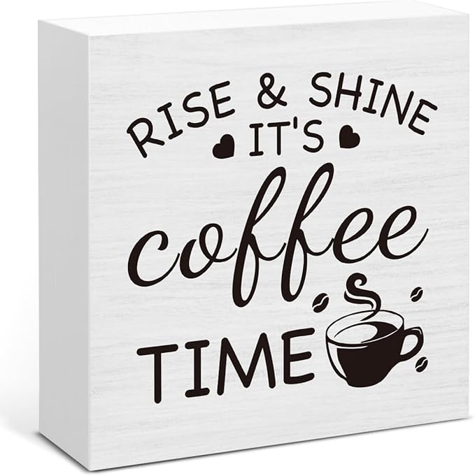 Farmhouse Coffee Bar Decor Sign, It's Coffee Time Wood Block Sign for Home Kitchen Bar Tabletop Decoration 5 x 5 Inches