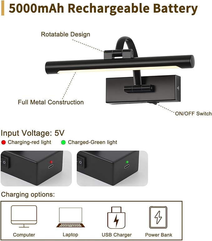 Battery Operated Picture Lights for Wall Black Art Light Wireless Gallery Lights with Timer and Remote 12 Inch 2W Warm White