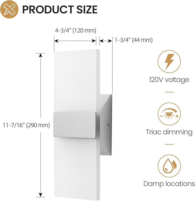 Modern LED Wall Sconce, 5CCT Dimmable Brushed Nickel Wall Lights, 12W 800LM 2700K-5000K Adjustable, Hardwired Indoor Up and Down Acrylic Wall Light Lighting for Living Room Bedroom Hallway, ETL