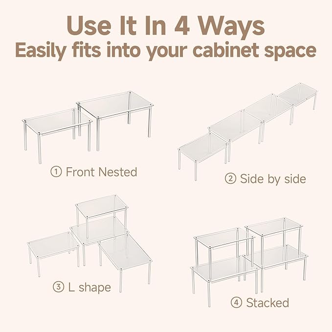 Clear Kitchen Cabinet Organizer, Set of 4 Stackable Spice Rack, Acrylic Shelves for Pantry Organizers and Storage, Tiered Spice Organization for Cabinet, Shelf Organizer for Desk Countertop