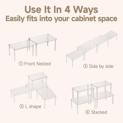 Clear Kitchen Cabinet Organizer, Set of 2 Stackable Spice Rack, Acrylic Shelves for Pantry Organizers and Storage, Tiered Spice Organization for Cabinet, Shelf Organizer for Desk Countertop