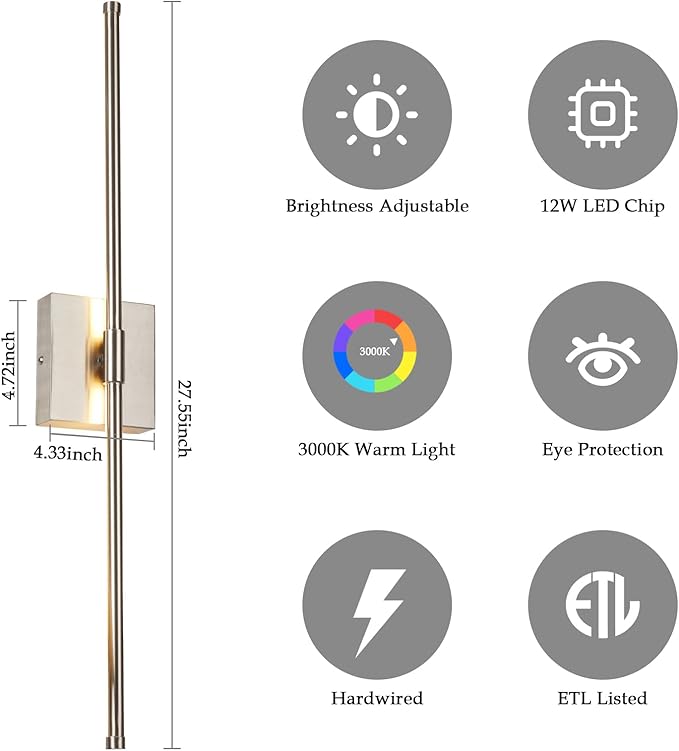 Modern LED Wall Sconces Set of Two, Hardwired Wall Sconces, 3000K Warm Light Wall Lamp,Nickel Wall Light Fixtures for Living Room, Bathroom, Bedroom, Nickel, 2 Pack