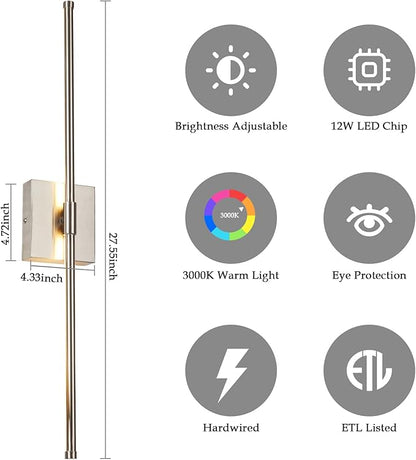 Modern LED Wall Sconces Set of Two, Hardwired Wall Sconces, 3000K Warm Light Wall Lamp,Nickel Wall Light Fixtures for Living Room, Bathroom, Bedroom, Nickel, 2 Pack