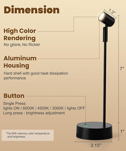 Wireless Battery Operated Picture Light for Wall,3 Color LED Art Lighting for Paintings,Magnetic Rechargeable Dimmable Poster Lights,Remote Control Gallery Light with Timer, Black (1 Pack)