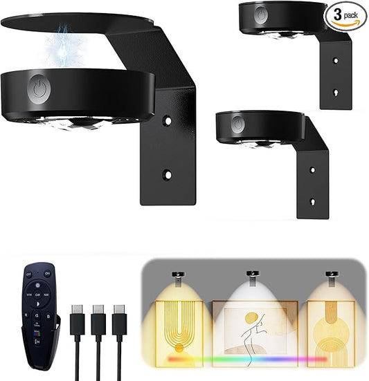 Starxing 3 Pack Picture Lights for Wall, 2000mAh Battery Magnetic Led Painting Light with Remote, Dimmable and Timer, 16 RGB Colors, Cordless Art Display Light for Wall Decor Frames (Black)