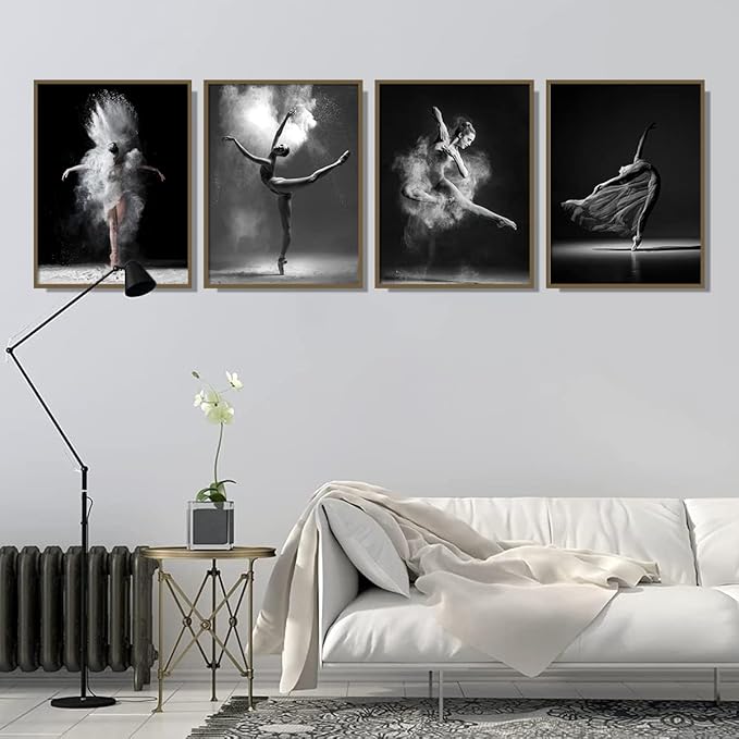 NCYEL Black and white ballet wall art dancer poster beautiful girl bedroom elegant dance classroom bathroom dormitory decoration poster 12 "x16 x4pcs