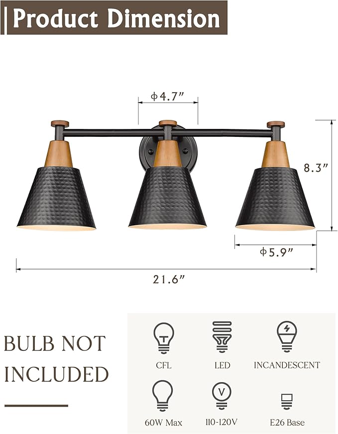 FEMILA Black Bathroom Light Fixtures, 3-Light Bathroom Vanity Lights Over Mirror with Hammered Metal Shade, Modern Wall Lamp for Kitchen Bedroom Living Room,4FG59B-3W BK