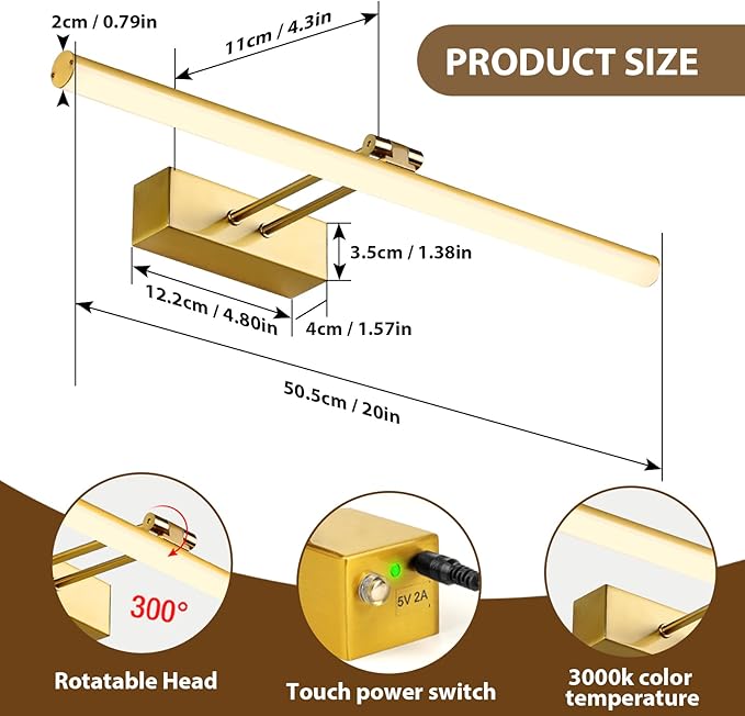 Picture Light, Battery Picture Lights with Remote of Timer and Dimmable, 20 Metal Art Light for Paintings,Display Lamp for Wall Gallery Dartboard Portrait Frame Artwork (Copper)