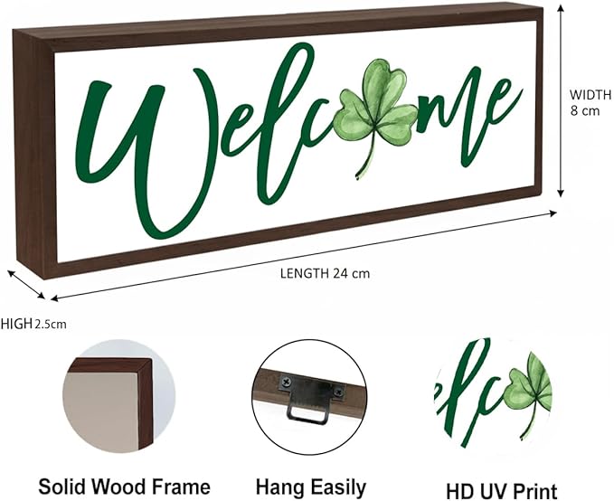 Welcome Sign, Lucky Clover Home Decor for Front Door Porch Shelf, Happy St. Patrick's Day Wooden Decor, Irish Home Decors, Rustic Farmhouse Wooden Block Signs, 9.5x3.1x1 inches