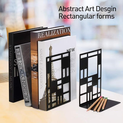 Book Ends, Bookends, Book Ends for Shelves, Bookends for Heavy Books, Book Divider Decorative Holder, Metal Heavy Duty Bookend Black 1 Pair, Abstract Art Desgin Book Stopper Supports for Office, Home
