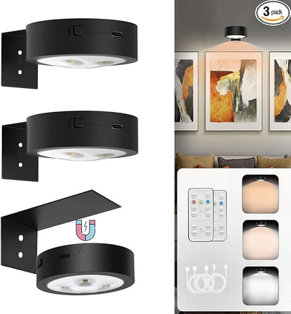 Picture Lights Rechargeable Battery Operated Wall Art Lights,Wireless Magnetic Painting Light with Remote,LED Timer&Dimmable Picture Frame lights for Artworking Picture Wall Decor(Black, 3Pack)