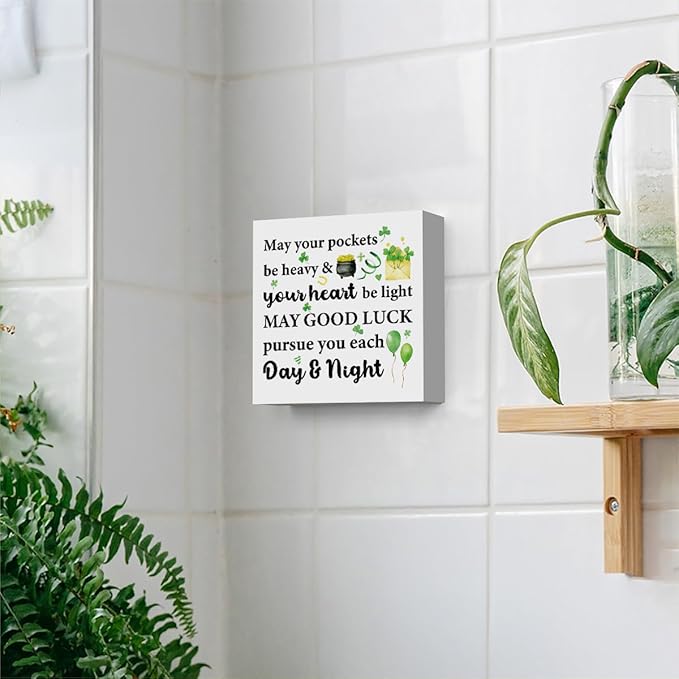 St Patricks Day Decor Irish Blessing Decorations Rustic Shamrock Wood Sign Home Tabletop Shelf Desk Decor May Your Pockets Be Heavy St Patrick's Day Decorations 5 X 5 Inches
