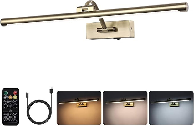 Antique Bronze LED Wireless Picture Lights for Wall Rechargeable, Battery Operated Art Light for Paintings, 3CCT Dimmable, 23.6 inch with Remote, Rotatable Gallery Light for Pictures Display
