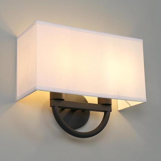 Yosoan 2-Light White Fabric Cloth Boho Wall Sconce Stairwell Fixture Light, Indoor Hardwired Vanity Dual Vintage Black Metal Base Wall Mount Lighting Square Fabric Shade for Bedside Hallway Kitchen