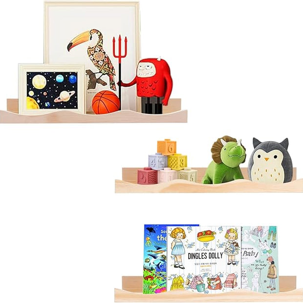 AZSKY Floating Bookshelf for Kids, Cloud Picture Ledge Shelf - Natural 15.7 Inches, Nursery Book Shelves Set of 3, Floating Shelves Baby & Toddler Room Decor