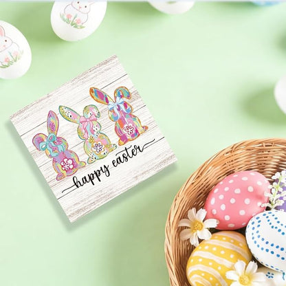 Happy Easter Sign Bunny Decor Bunny Table Decorations Spring Flower Decor Indoor for Office Desk Table Shelf Tiered Tray Happy Easter Wooden Sign 5 X 5 Inch