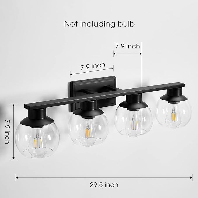 PAZALA 4-Lights Bathroom Vanity Light, Modern Bathroom Lighting Fixtures with Globe Glass Shade, 30in Matte Black Wall Sconce for Bath Over Mirror Kitchen Cabinet Bedroom Hallway Farmhouse, E26 Base