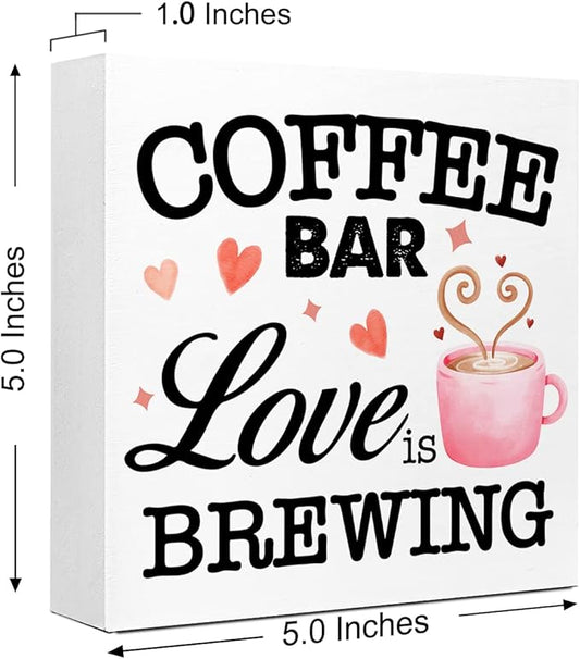 LVQHI Funny Kitchen Wood Block Signs,Coffee Bar Love is Brewing Wooden Box Sign for Home Shelf Bedroom Tabletop Desk Decor,Rustic Kitchen Office Cafe Sign Decor